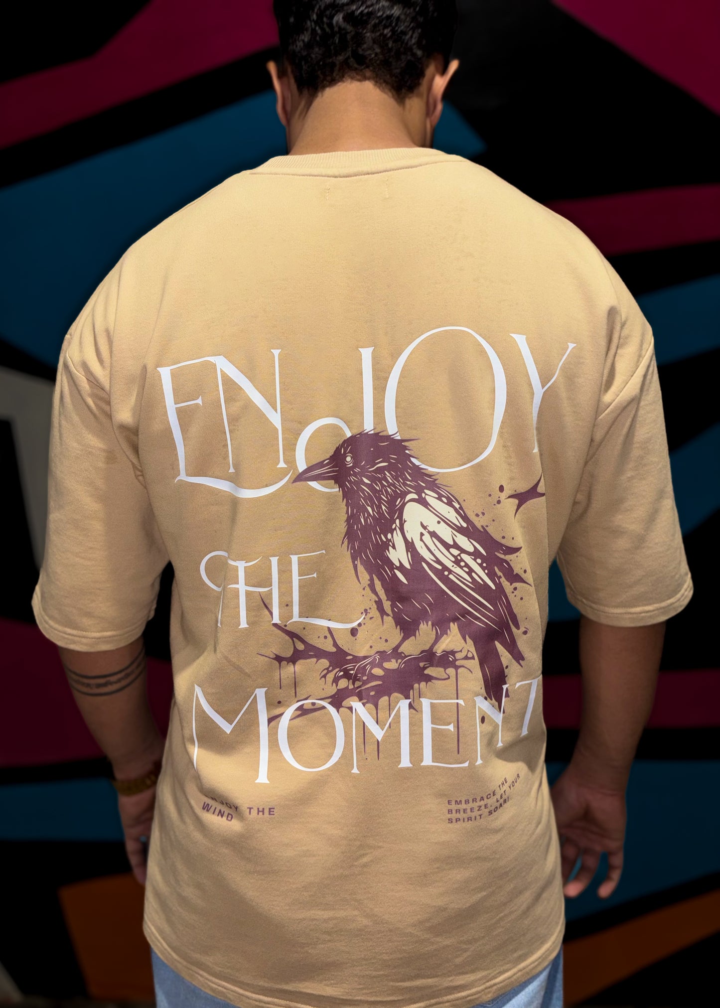 Enjoy The Moment | Beige Oversized Graphic Printed T-Shirt