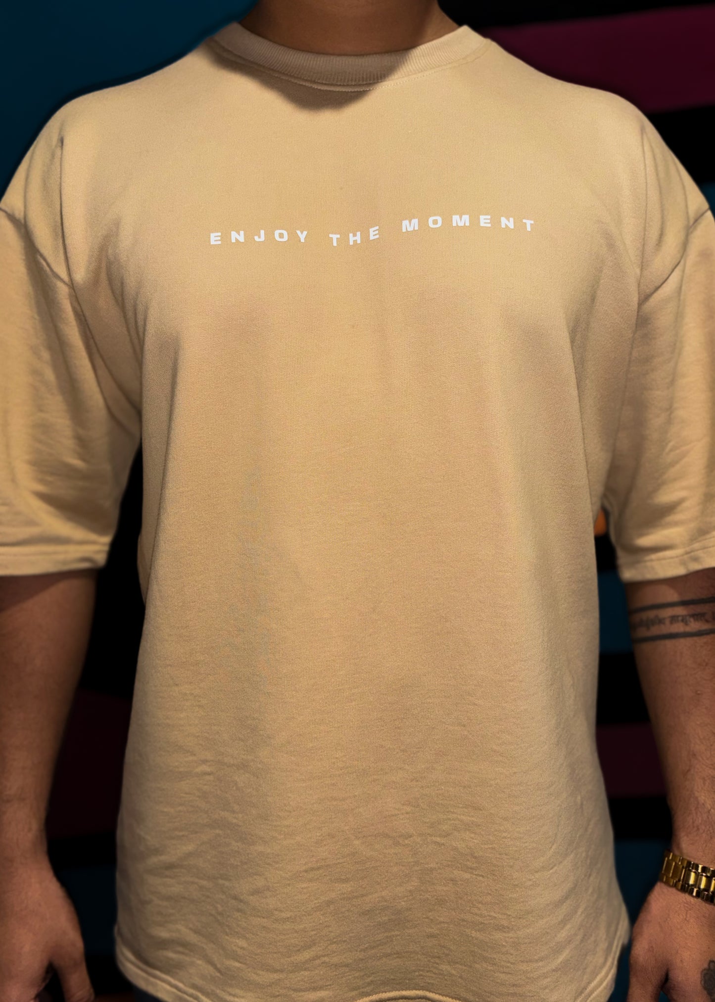 Enjoy The Moment | Beige Oversized Graphic Printed T-Shirt