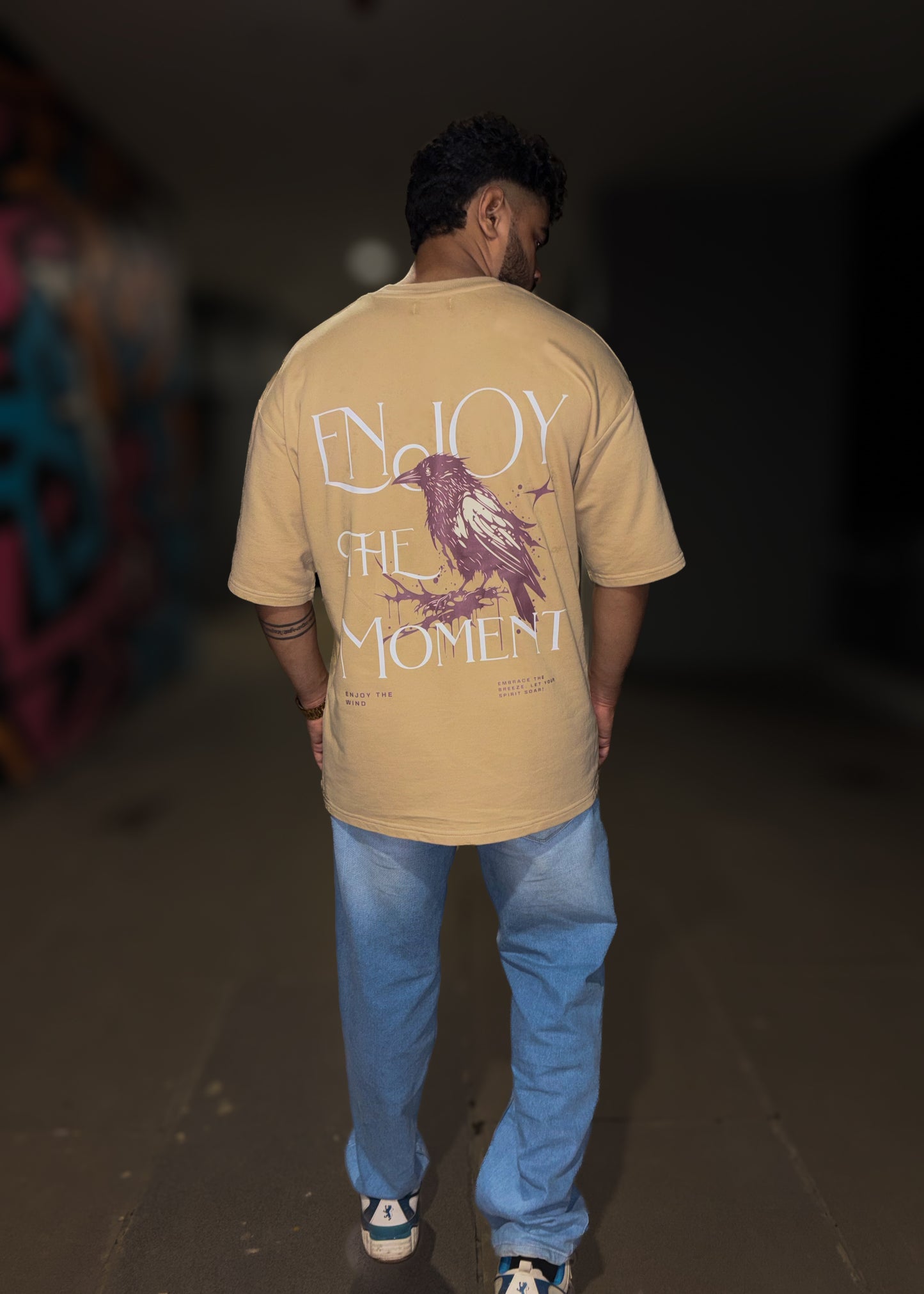 Enjoy The Moment | Beige Oversized Graphic Printed T-Shirt