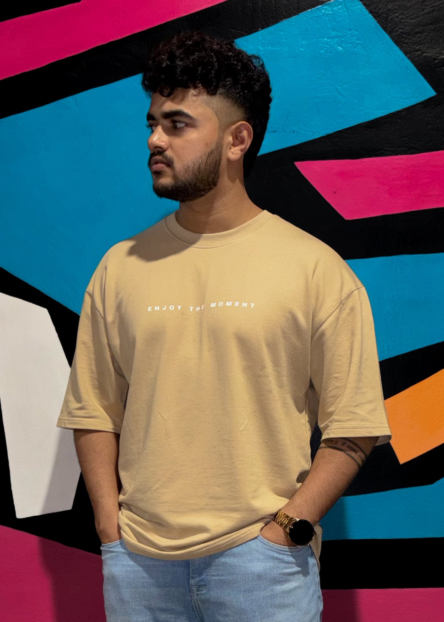 Enjoy The Moment | Beige Oversized Graphic Printed T-Shirt