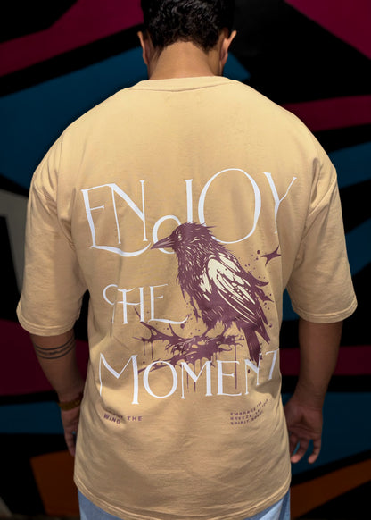 Enjoy The Moment | Beige Oversized Graphic Printed T-Shirt