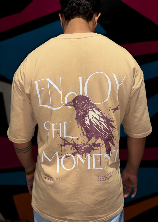 Enjoy The Moment | Beige Oversized Graphic Printed T-Shirt