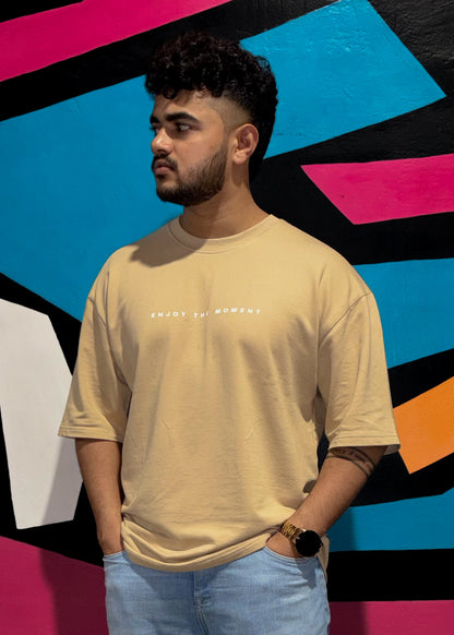 Enjoy The Moment | Beige Oversized Graphic Printed T-Shirt